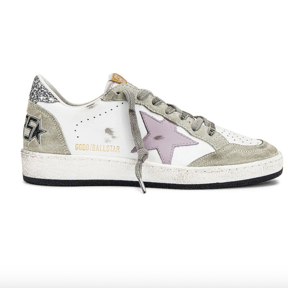 Golden Goose Ballstar Sneaker w/ lilac star and glitter heel tab